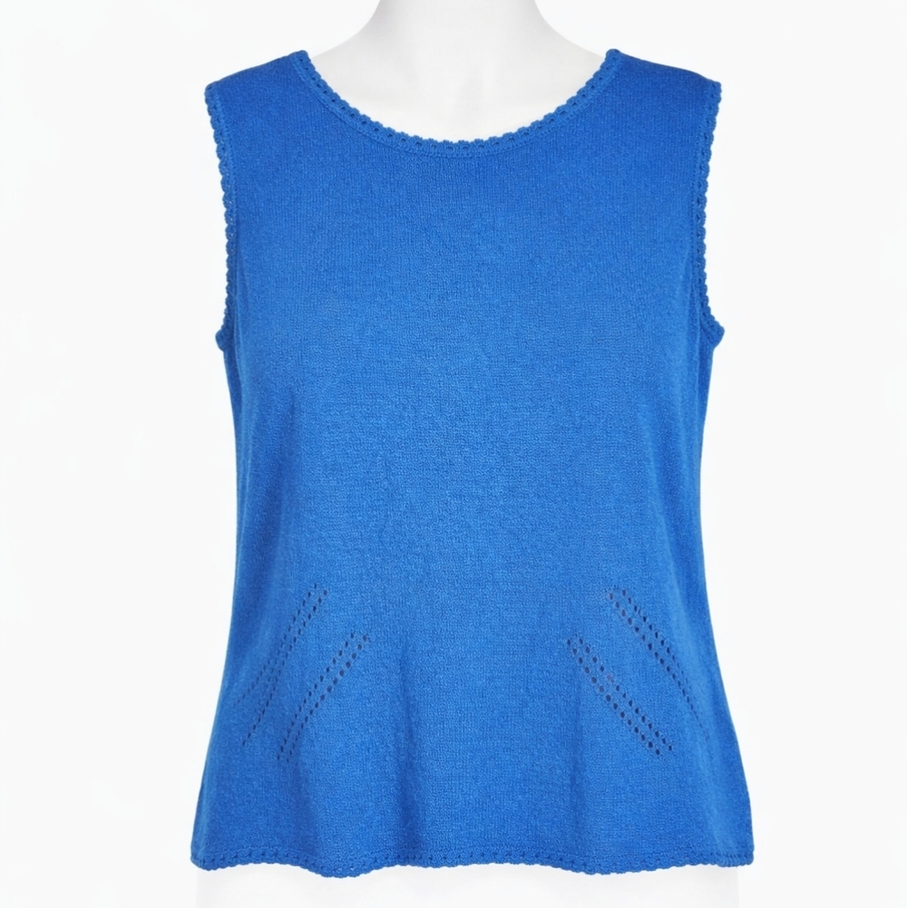 Vintage St. John Santana Knit Sleeveless Top L Blue Scallop Designer‎ Office